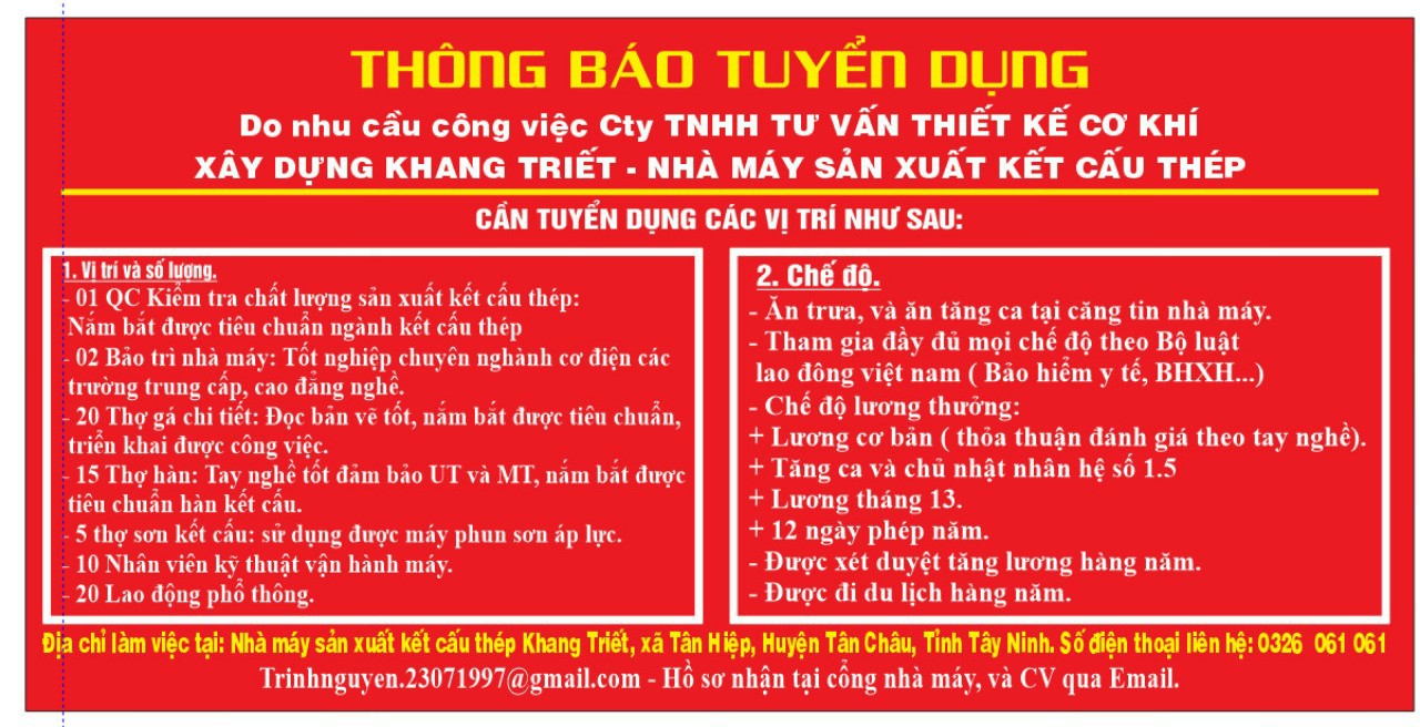 CTY TNHH - TK - CK - XD KHANG TRIẾT TUYỂN DỤNG
